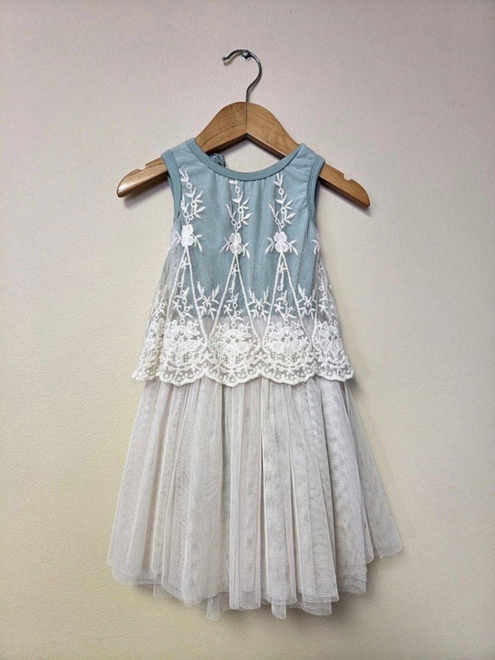 Girls Lace Bodice Tulle Dress in Mint & Off White, Size 12 Month